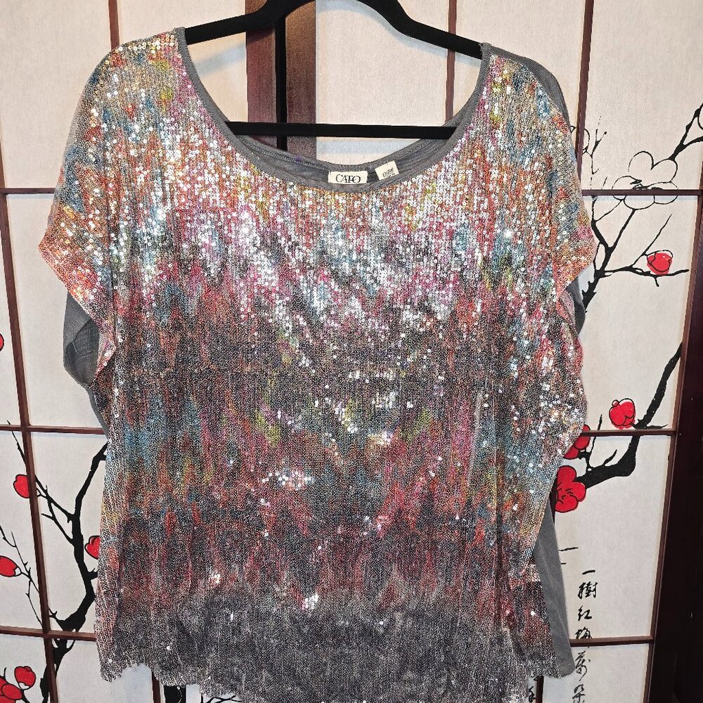 Cato Chevron rainbow sequins front and gray plain back shirt